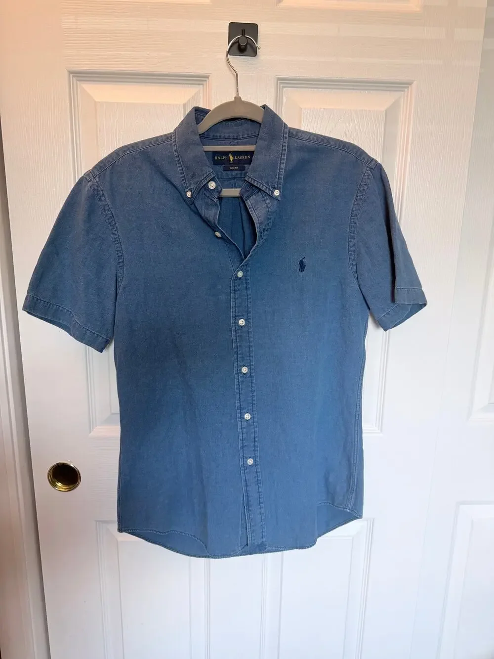 Ralph Lauren Slim Fit Denim Oxford Shirt Blue Pony Short Sleeve Shirt-Size M